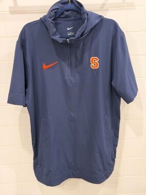 Nike Navy Short-Sleeve Hooded Pullover with Orange S and Swoosh
